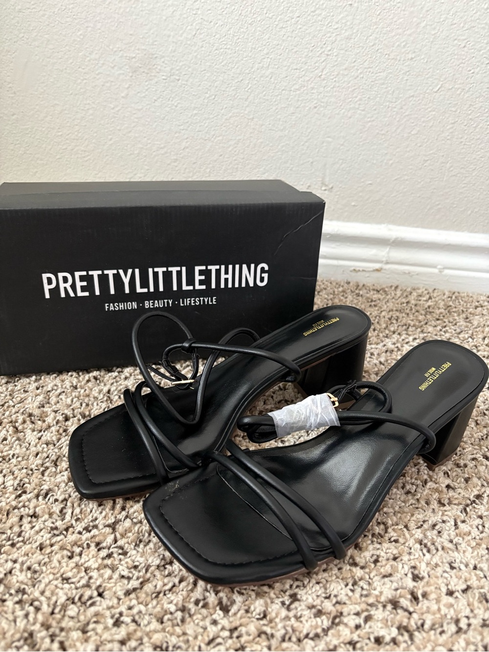 PrettyLittleThing Black Strappy Square Toe Block Heels